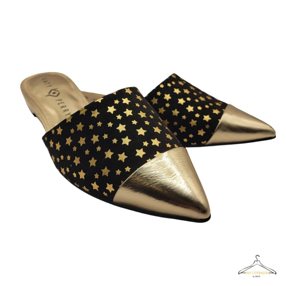 Katy Perry Size 8.5 The Tarin Star Mules Black and Gold Slip on Flats Pointy Toe